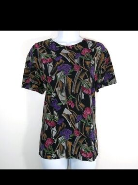 Vtg Superline Floral Short-Sleeve Top in Black with Purple & Pink Accents Large
